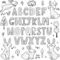 Black and white alphabet with cute rabbits