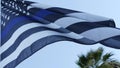 Black white american monochrome flag with blue stripe or line, police support.