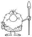 Black And White Angry Male Caveman Warrior Cartoon Mascot Character Gesturing And Standing With A Spear