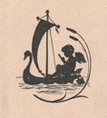 Black and white antique illustration shows the child silhouette on the boat. Vintage marvellous illustration shows the