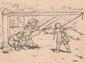 Black and white antique illustration shows children in the backyard. Vintage marvellous illustration shows children play