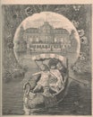 Black and white antique illustration shows the children on the boat. Vintage marvellous illustration shows the girls and boy on