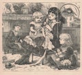 Black and white antique illustration shows children in the living room. Vintage illustration shows children at home. Old