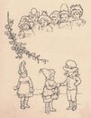 Black and white antique illustration shows children wearing various caps, hats and crown. Vintage marvellous