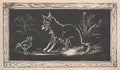 Black and white antique illustration shows a clever fox and a bird drawn on a blackboard. Vintage illustration shows the
