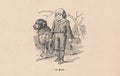 Black and white antique illustration shows a drenched boy and dog . Vintage illustration shows soaked boy and dog. Old