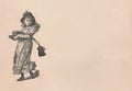 Black and white antique illustration shows a girl holds a pile of books. Vintage drawing shows the girl carries a small