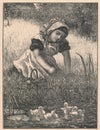 Black and white antique illustration shows a girl sitting on the bank of the river and tiny duclings. Vintage