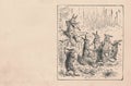 Black and white antique illustration shows a group of hares dances on a meadow. Vintage drawing shows the jackrabbits in