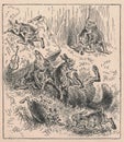Black and white antique illustration shows a group of hares dances on a meadow. Vintage drawing shows the jackrabbits in