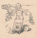 Black and white antique illustration shows a little boy and a broken wheelbarrow. Vintage marvellous illustration shows Royalty Free Stock Photo