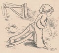 Black and white antique illustration shows a little boy and a broken wheelbarrow. Vintage marvellous illustration shows Royalty Free Stock Photo