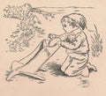 Black and white antique illustration shows a little boy repearing a broken wheelbarrow. Vintage marvellous illustration Royalty Free Stock Photo
