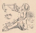 Black and white antique illustration shows a little boy and a wheelbarrow. Vintage marvellous illustration shows a small Royalty Free Stock Photo