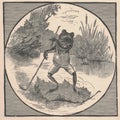 Black and white antique illustration shows a male frog sails on a leaf. Vintage drawing shows the frog sails on the leaf