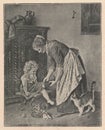 Black and white antique illustration shows a mother putting girl& x27;s socks on her legs. Vintage marvellous Royalty Free Stock Photo