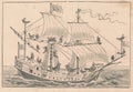 Black and white antique illustration shows a ship on the sea. Vintage marvellous illustration shows the ship sailing on