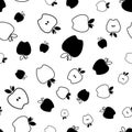 Black and white apple flat vector illustration seamless pattern, outlines filled slices,