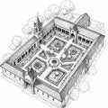 A black and white architectural drawing depicts a monastery courtyard with a Royalty Free Stock Photo