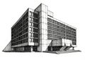 Black and white architectural illustration of a large, angular Brutalist- Royalty Free Stock Photo