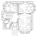 Black and White architectural plan of a house. Layout of the apartment with the furniture in the drawing view.