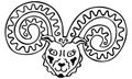 Black and white Aries head with patterned horns and a symbol of the constellation on the forehead. Mystical ram hand-drawn portrai Royalty Free Stock Photo