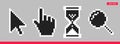 Black and white arrow, hand, magnifier and hourglass pixel mouse cursor icons vector illustration set.