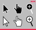 Black and white arrow, hand and magnifier mouse cursor icons vector illustration