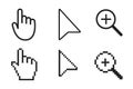 Black and white arrow, hand, magnifier pixel and no pixel mouse cursor icons vector illustration