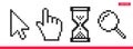 Black and white arrow, hand, magnifierand hourglass pixel mouse cursor icons vector illustration set Royalty Free Stock Photo