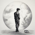 Punk-inspired Airbrush Art: Man Standing Near Moon With Forced Perspective