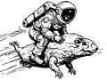 Black and white, astronaut flies on a mole, coloring book style. Vector, generative ai.