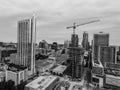 Black and white Austin Texas USA aerial drone view of the Skyline Cityscape with Construction crane Royalty Free Stock Photo