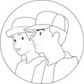 Black and white Avatar of a young man in a cap and a woman in a hat .Vector illustration