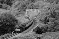 Black and White, B&W still of a Steam Train, travelling through a wooded valley