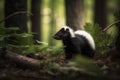 A black and white baby skunk in the forest on a sunny day