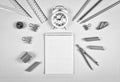 Black and white. back to school concept. accessories, college, equipment, study, background, desk, concept: schedule, homework, fl Royalty Free Stock Photo