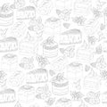 Black and white background of cakes and pastry, seamless pattern. Vector sketch, contour endless drawing for design and coloring