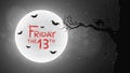 Black and white Background for Friday 13 in retro style. A black cat walks through the tree. Bats fly against the