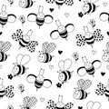 Black and white background with hand drawn bees and flowers. Royalty Free Stock Photo