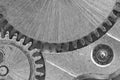 Black white background with metal cogwheels a clockwork. Conceptual photo. Macro Royalty Free Stock Photo