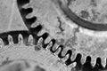 Black white background with metal cogwheels a old clockwork. Royalty Free Stock Photo