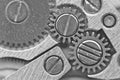 Black-and-white background with metal gear wheels of the old clockwork. Conceptual photo for successful business design. Macro Royalty Free Stock Photo