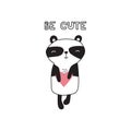 Black and white background with panda, heart and english text. Be cute