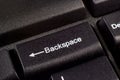 Black and white Backspace key button on computer keyboard close up.