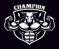 Black and white badge of a bull bodybuilder .