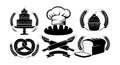 Bakery logo design collection with cake cupcake bread pretzel chef hat and rolling pins vector illustration Royalty Free Stock Photo