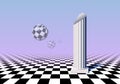 Black and white balls flying over checkered floor with column, pink and blue gradient background in vaporwave aesthetic