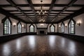 black and white banquet hall in a tudor style building