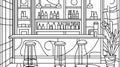 Bar Interior Line Art, Bar Counter, Stools, Alcohol Bottles Royalty Free Stock Photo